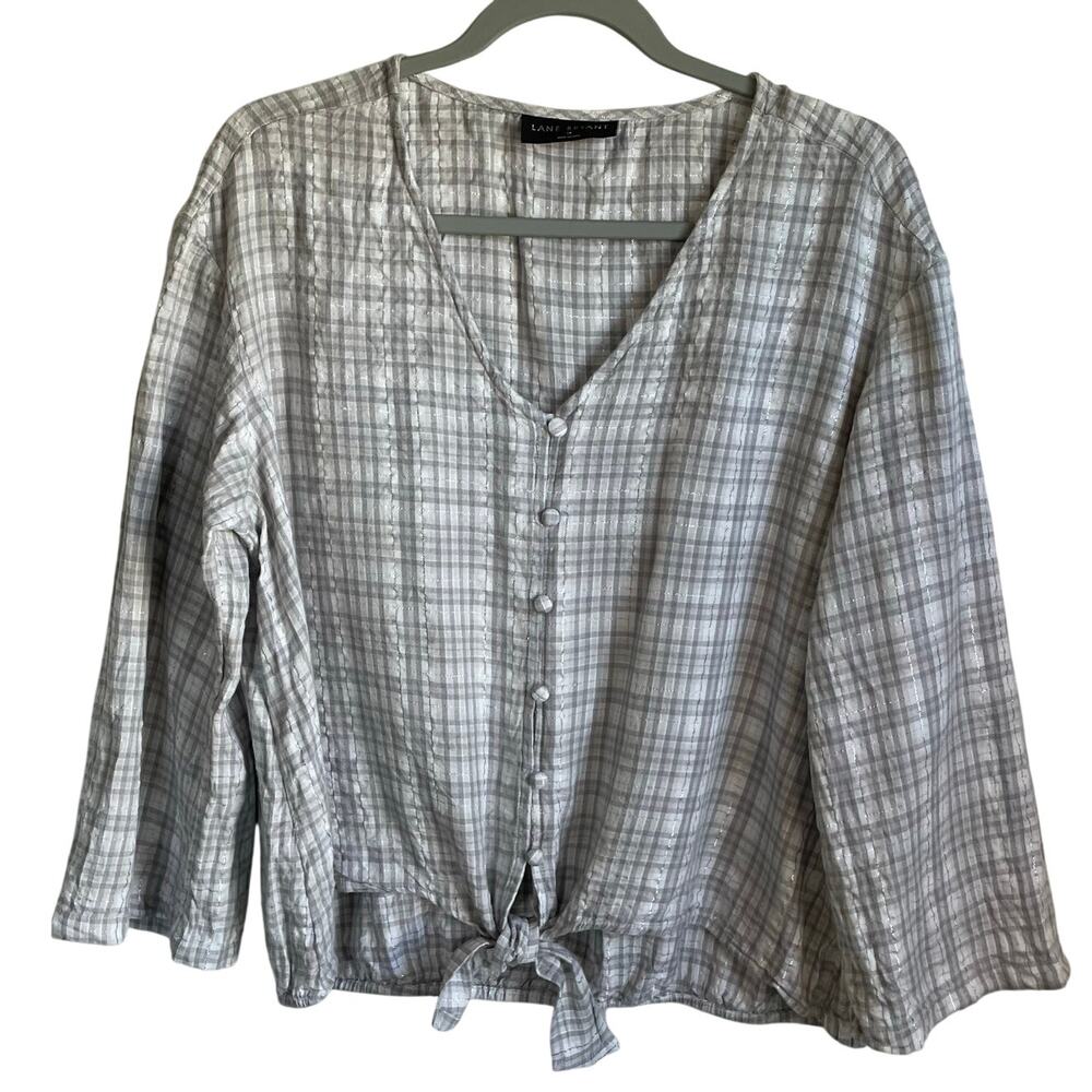 Lane Bryant Plaid Tie Front Blouse Top Sz 14 Button Up V-Neck Gray Metallic Boxy